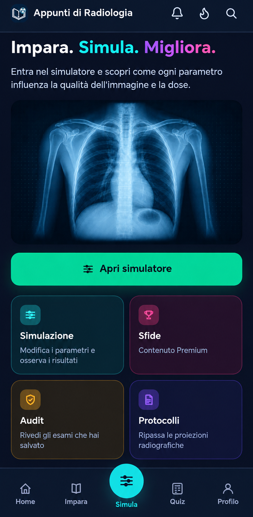 Schermata del simulatore nell'app Appunti di Radiologia